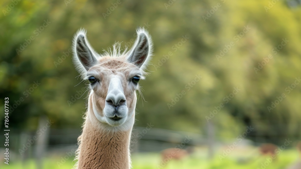 Portrait of a Llama in nature close-up with soft fur and curious eyes on a serene day