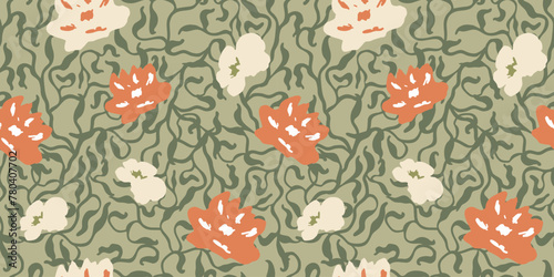 Simple cute flower pattern with branch ornaments. Plant background for fashion, wallpapers, print. © mila_okie