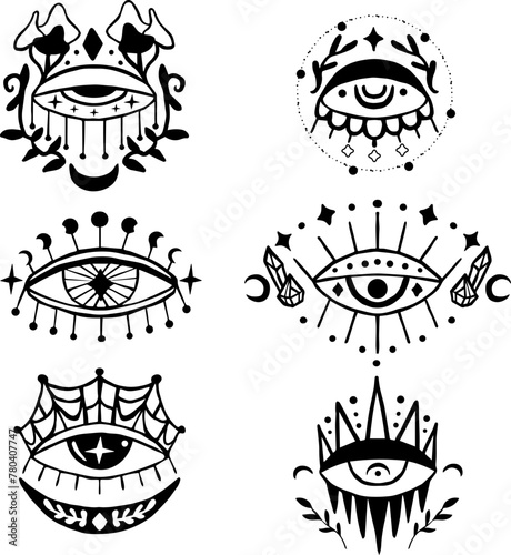 Doodle set of mystic eyes. Boho alchemy designs. © mila_okie