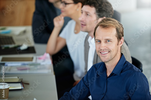 People, meeting and portrait with smile in office for team at table with planning in business. Businesspeople, desk and agency with collaboration for strategy with communication, company and teamwork