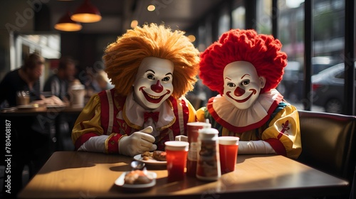 AI generated illustration of two clowns seated at a table