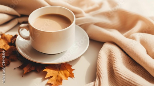 White ceramic coffee cup on a white plate with autumn leaves, AI-generated.