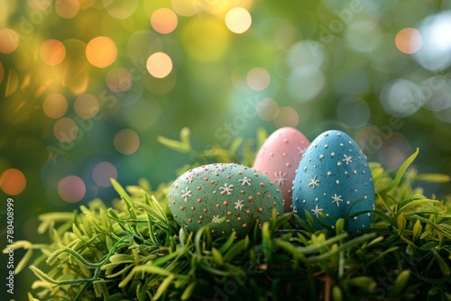 AI generated illustration of Easter eggs in grass with sunlight beam