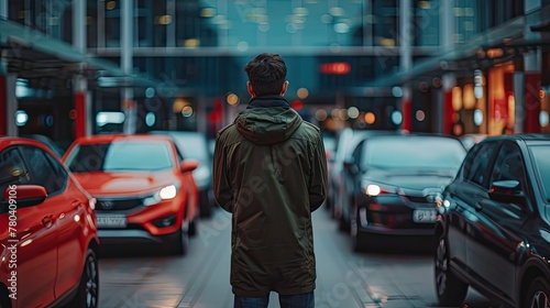 a man standing backwards in front of a car showroom from outside, portraying confusion as he contemplates which car to buy, amidst a backdrop of sleek vehicles tempting his choice. © lililia