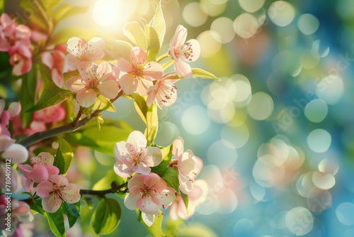 spring blossoms are in the sunlight on a branch of an apple tree