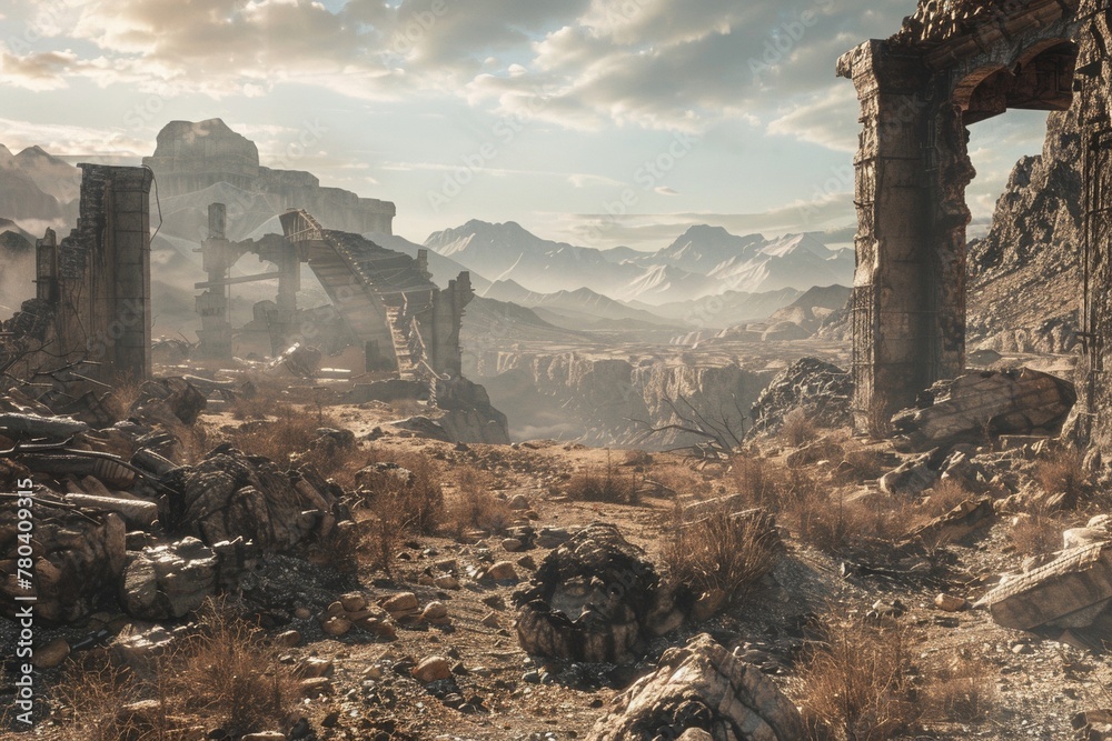 A post-apocalyptic wasteland complete with crumbling ruins and desolate landscapes. - obrazy, fototapety, plakaty 