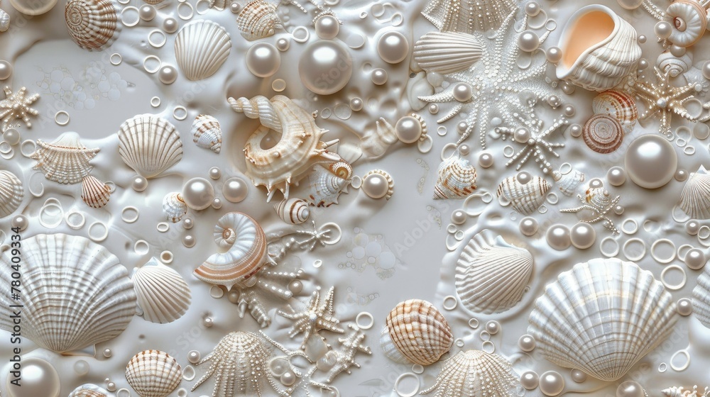 seashells, pearls, and beads meticulously arranged to form an intricate pattern, evoking the serene ambiance of the ocean bottom in a detailed and realistic texture. SEAMLESS PATTERN