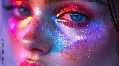Close-up of a lovely young woman with blue eyes and sparkling makeup  AI-generated.