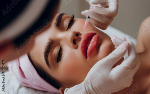 Lip filler procedure for volume enhancement. Client receiving precise filler injection for plump lips. Focused application of lip augmentation by skilled professional. Hyaluronic acid filler injection