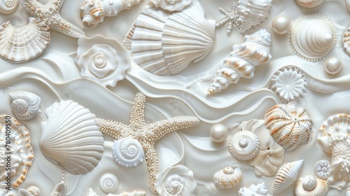seashells, pearls, and beads meticulously arranged to form an intricate pattern, evoking the serene ambiance of the ocean bottom in a detailed and realistic texture. SEAMLESS PATTERN