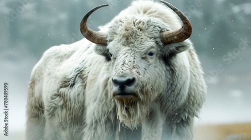 a white buffalo standing in front of trees on a snowy day