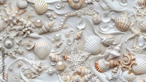 seashells, pearls, and beads meticulously arranged to form an intricate pattern, evoking the serene ambiance of the ocean bottom in a detailed and realistic texture. SEAMLESS PATTERN