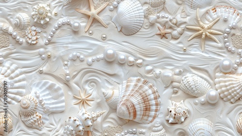 seashells, pearls, and beads meticulously arranged to form an intricate pattern, evoking the serene ambiance of the ocean bottom in a detailed and realistic texture. SEAMLESS PATTERN