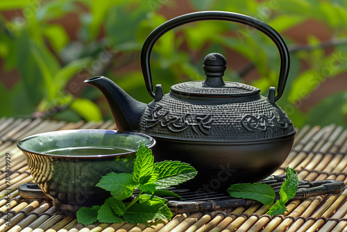 Tranquil Tea Time: Black Iron Teapot, Mint Leaves, and Green Tea Outdoors