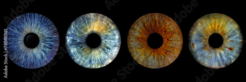 Close up of eye iris on black background, macro, photography