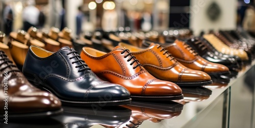 AI generated illustration of a row of men's classic leather shoes in display