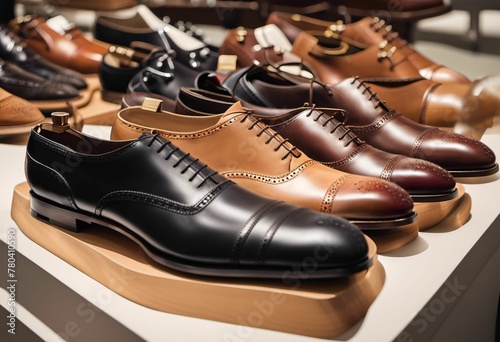 AI generated illustration of a row of men's classic leather shoes in display