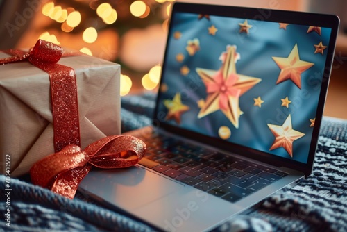 Festive laptop with christmas present and bokeh lights in background