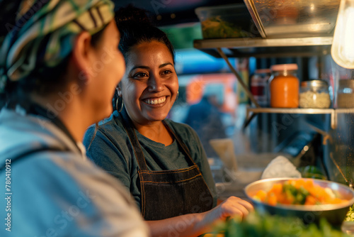 AI generated illustration of women chefs with fresh produce in front of a food truck counter © Wirestock
