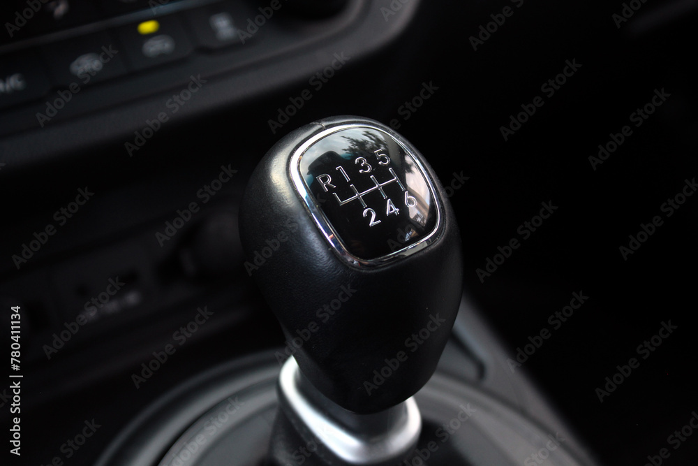 Vinnytsia, Ukraine; April 05, 2024. Kia Sportage Manual gearbox lever. Detail on a Manual gear