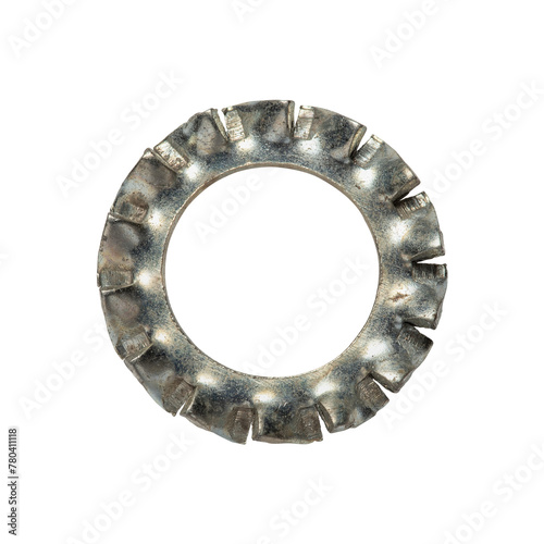 Zinc-plated serrated fan washer for threaded tube, isolated on white backbround photo