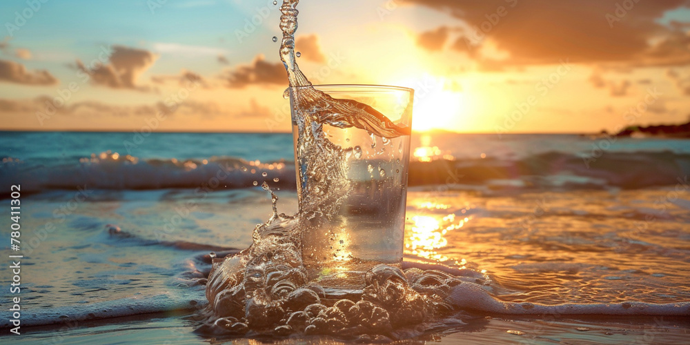 A glass of pouring crystal mineral drinking aqua water on blurred nature beach sea ocean sunset sunrise landscape background. Organic pure fresh natural water. Healthy refreshing drink. Copy paste - obrazy, fototapety, plakaty 