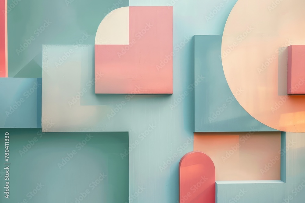 Simple yet elegant wallpaper with geometric shapes in pastel blue and pink, highlighted with soft green, featuring flat colors and low contrast, in a geometric shapes style. Simple yet elegant wallpaper with geometric shapes in pastel blue and pink, highlighted with soft green, featuring flat colors and low contrast, in a geometric shapes style.