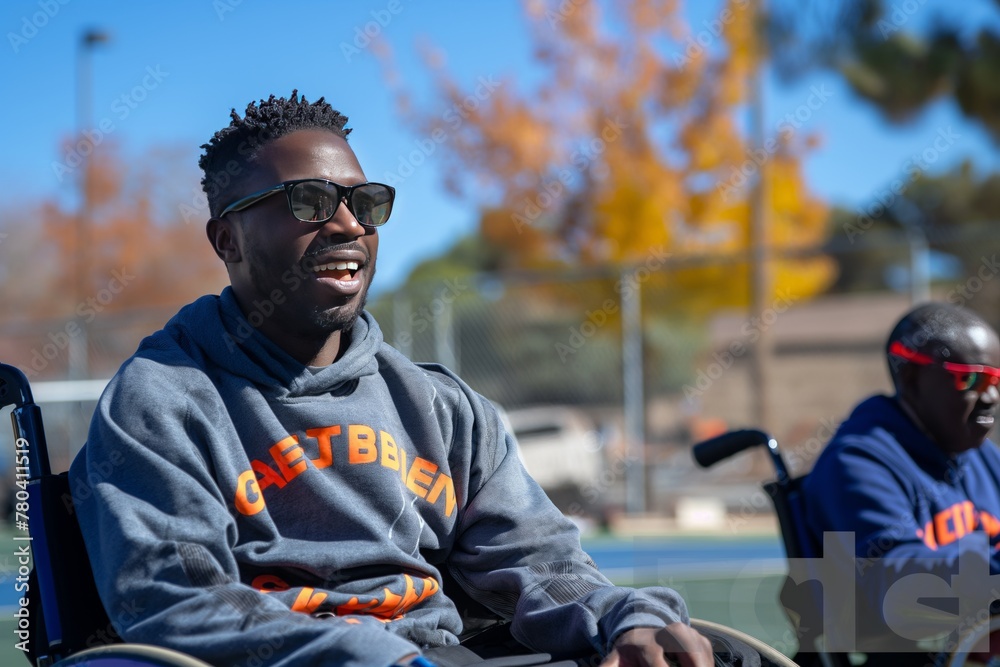 AI-generated illustration of a Young man in wheelchair and wearing sunglasses, smiling AI-generated illustration of a Young man in wheelchair and wearing sunglasses, smiling