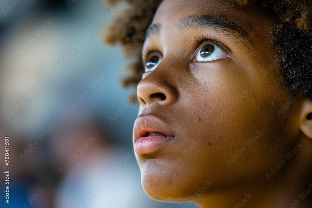 AI-generated illustration of A young individual gazing up at the sky AI-generated illustration of A young individual gazing up at the sky