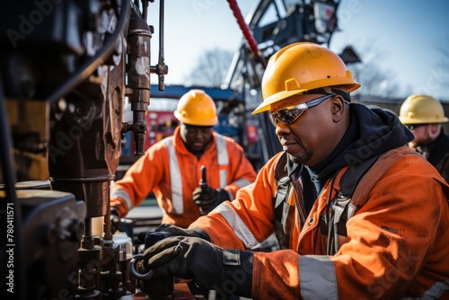 A group of men, identified as VetalVit workers, can be seen in the image adjusting the angle of a drilling rig. They are focused on optimizing the rig for enhanced performance and efficiency