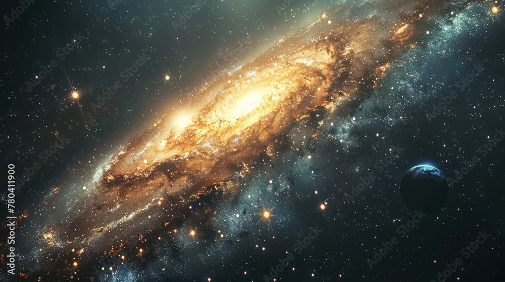 Fototapeta premium 5h Panoramic shot of a distant galaxy, with swirling nebulae, glittering star clusters, and mysterious black holes, showcasing the vastness and beauty of outer space.