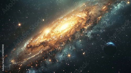 5h Panoramic shot of a distant galaxy, with swirling nebulae, glittering star clusters, and mysterious black holes, showcasing the vastness and beauty of outer space.