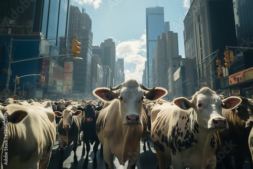 AI generated illustration of a large group of cows walking leisurely down a metropolitan city photo