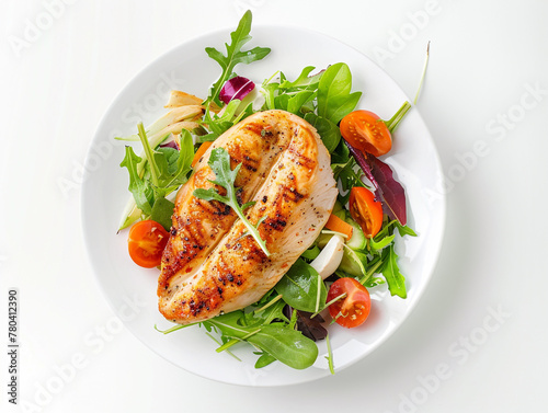 Grilled chicken breast. Fried chicken fillet and fresh vegetable salad of tomatoes, cucumbers and arugula leaves. Healthy food. Flat lay. White background