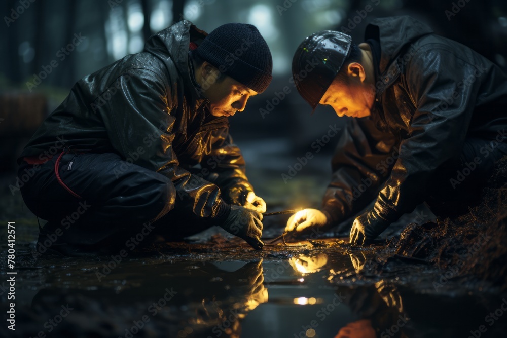 Workers testing soil samples for oil content Workers testing soil samples for oil content