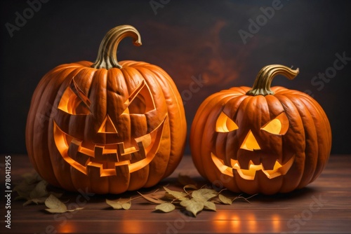 two pumpkins with lit faces sitting on top of leaves