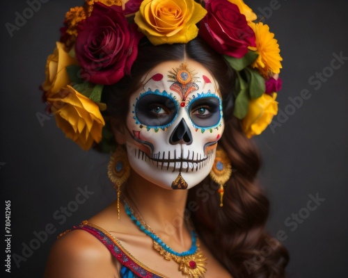 AI generated illustration of A young female wearing Make up for day of the dead in Mexico