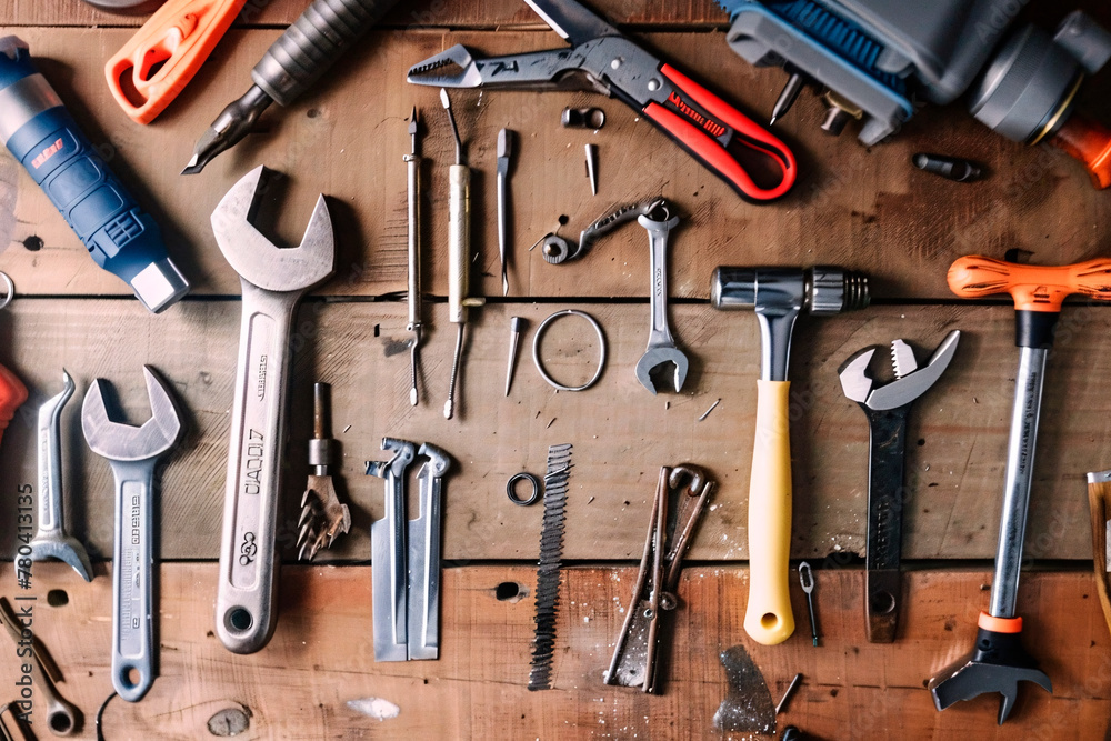 AI-generated illustration of Various tools scattered on a cluttered table AI-generated illustration of Various tools scattered on a cluttered table