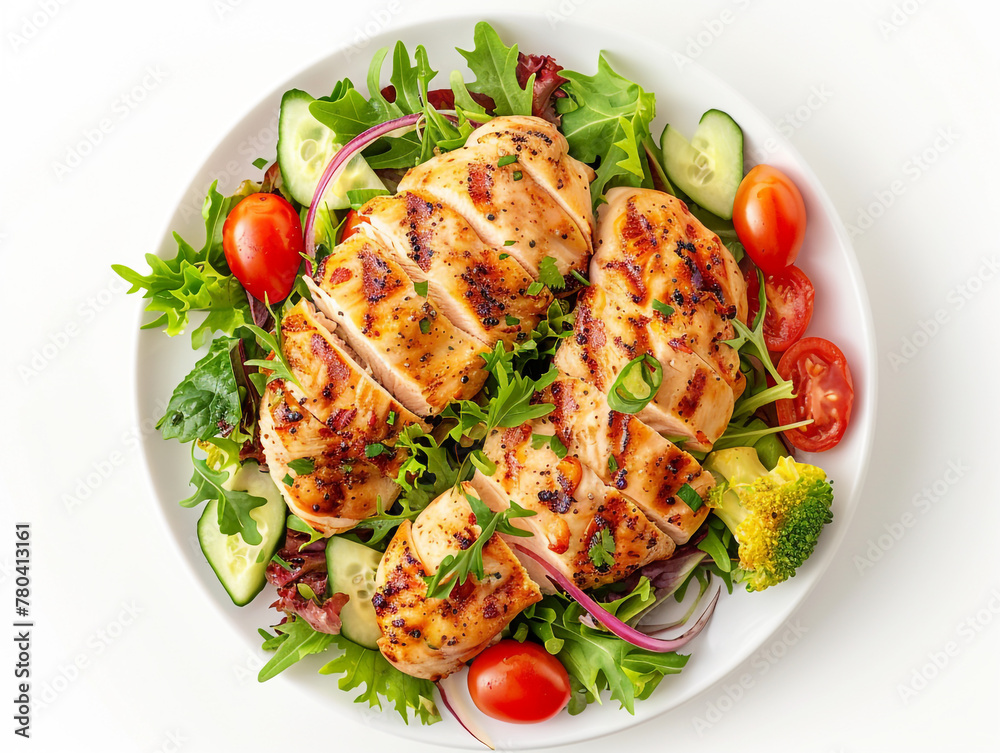 Grilled chicken breast. Fried chicken fillet and fresh vegetable salad of tomatoes, cucumbers and arugula leaves. Healthy food. Flat lay. White background Grilled chicken breast. Fried chicken fillet and fresh vegetable salad of tomatoes, cucumbers and arugula leaves. Healthy food. Flat lay. White background