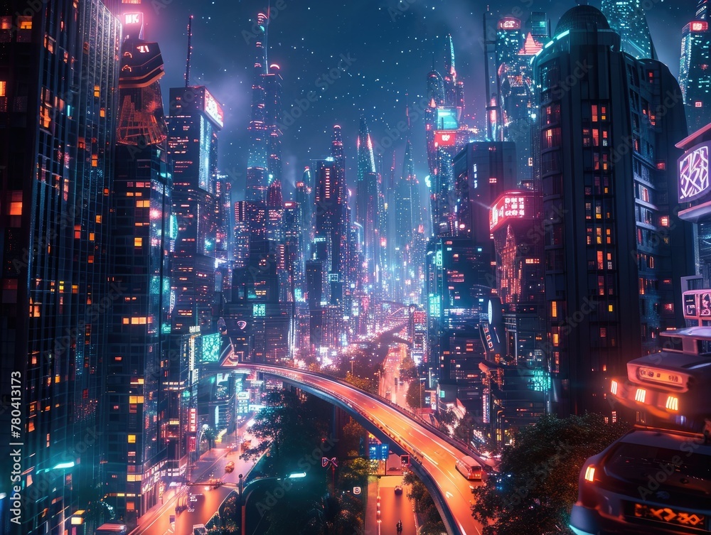 A captivating image of a futuristic cityscape at night, bathed in the glow of neon lights. The scene blends cutting-edge architecture with eco-friendly innovations. AI
