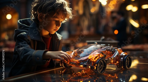a boy playing with a remote control car in a dark setting photo