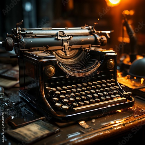 an old typewriter on top of a wooden table under a lamp photo