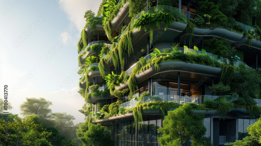 Green skyscraper building with plants growing on the facade. Ecology and green living in city, urban environment concept. Park in the sky Green skyscraper building with plants growing on the facade. Ecology and green living in city, urban environment concept. Park in the sky