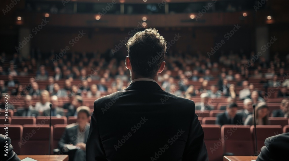 speaker conducts the business of the conference standing in front of a large audience on the stage in the conference room speaker conducts the business of the conference standing in front of a large audience on the stage in the conference room