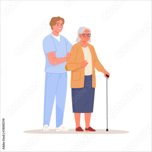 Elderly people support. Vector illustration of senior woman with walking stick and a young male nurse helping her. Isolated on white. © nadzeya26