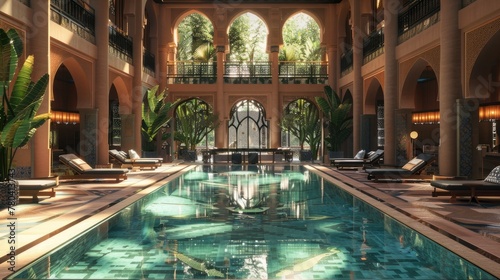 a seven-floor residence, boasting a pool and kid's club, alongside a luxurious lounge, all infused with the exotic charm of Arabic-Thai architectural style. photo