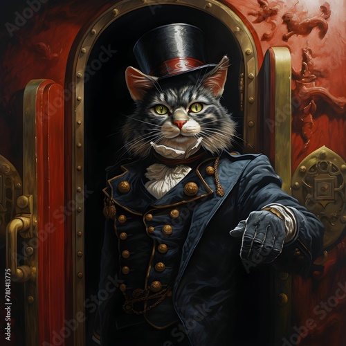 AI generated illustration of a tabby cat in a steampunk suit and hat