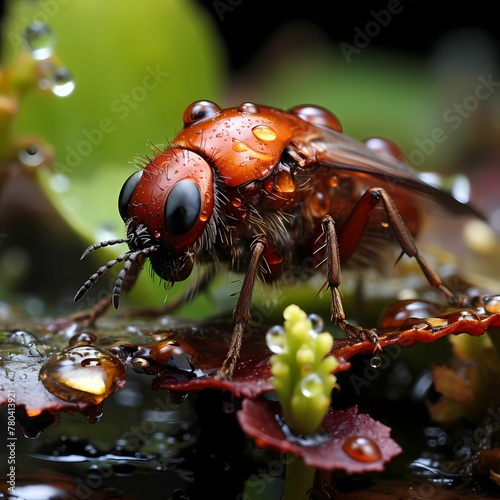AI generated illustration of a insect with a water drops in the forest with a blurry background © Wirestock