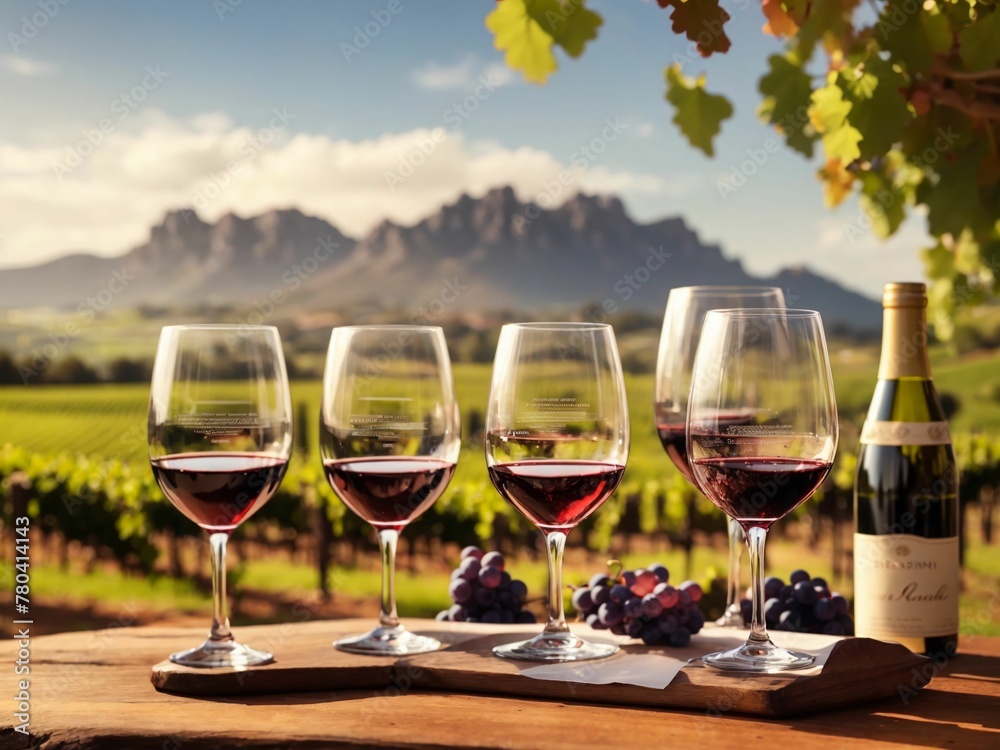 bottle of red wine, wine glasses and fresh grapes, set against the backdrop of grape vines