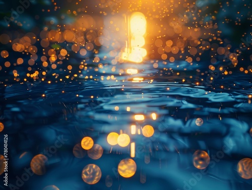 Abstract Concept, Deep blue, Introspection theme, Floating in a void, Calm and serene, Surreal digital art, Golden hour, Depth of field bokeh effect